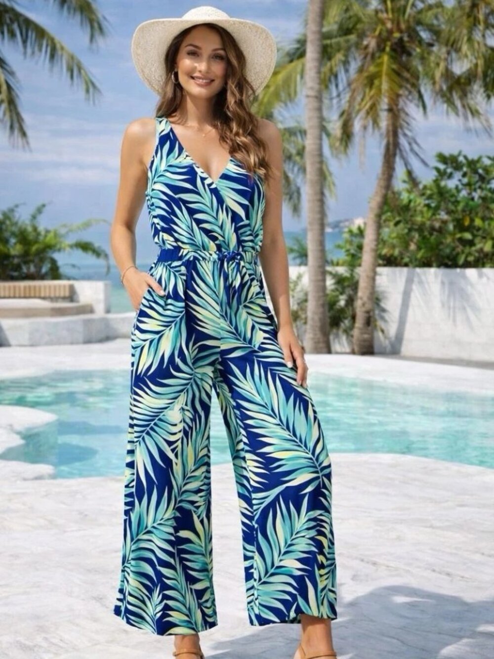 Tommy Bahama Leinani Leaves Tambour Jumpsuit LARGE, wide leg
